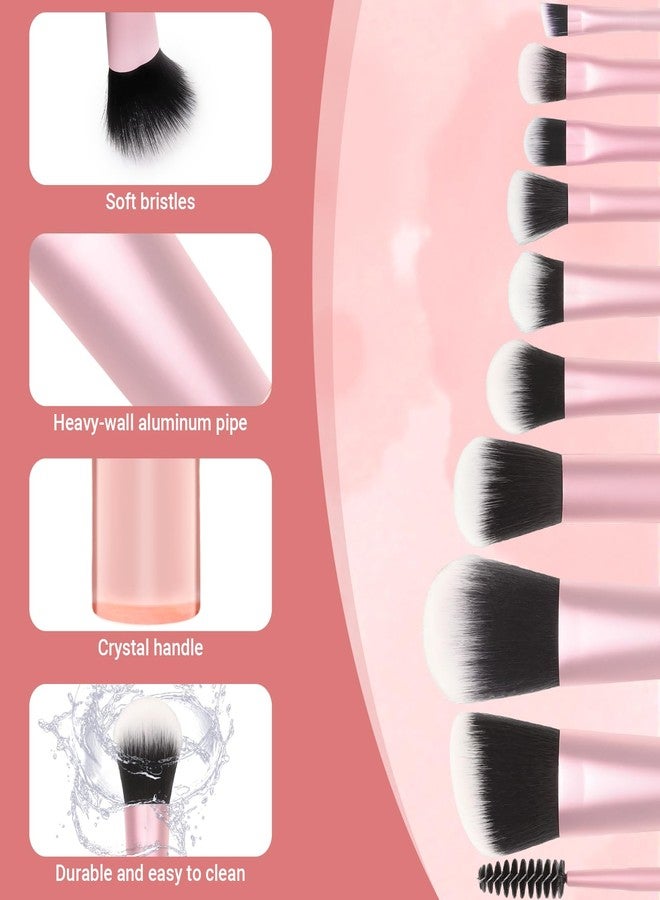 Rimoev 10 Pcs Mini Travel Makeup Brush Set with Pouch, Foundation, Eyeshadow, Blush, Highlighter, Angled Brow & Mascara Brushes - Soft Synthetic Fiber Brushes for On-The-Go & Daily Makeup (Pink) - Image 3